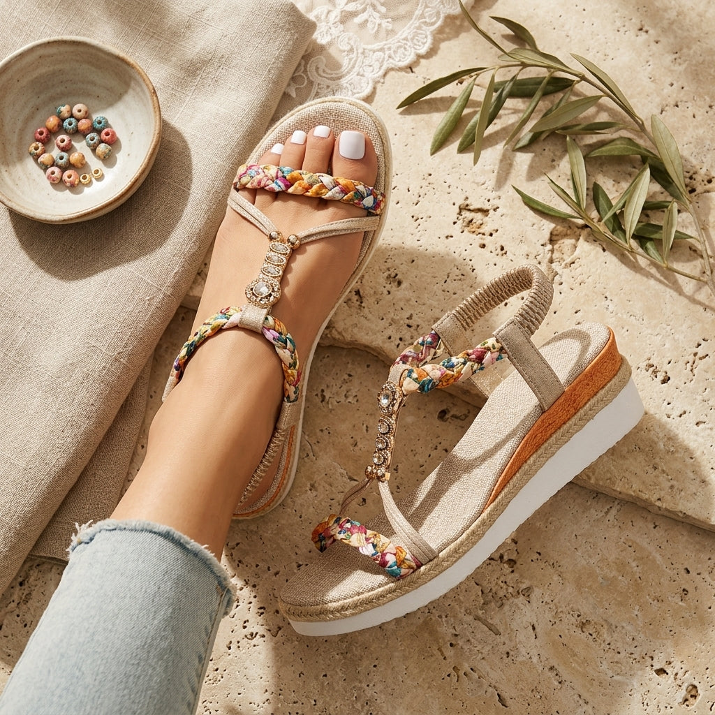 Sandales Compensées Femme à Perles Tressées