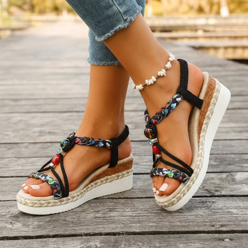Sandales Compensées Femme à Perles Tressées