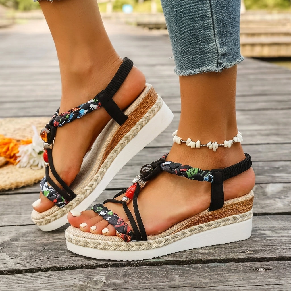 Sandales Compensées Femme à Perles Tressées